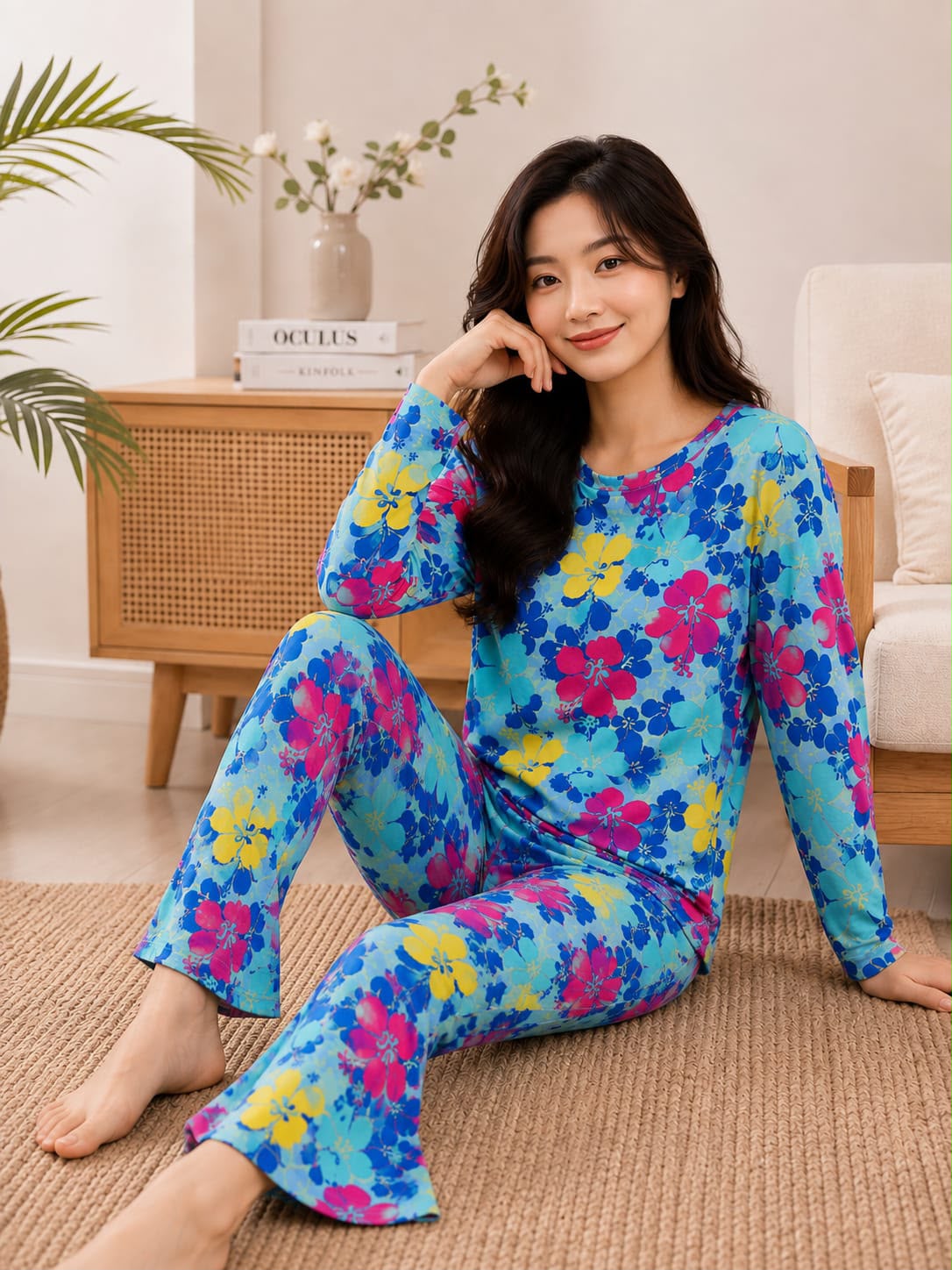 Women's Blue Floral Full Set Night Suit