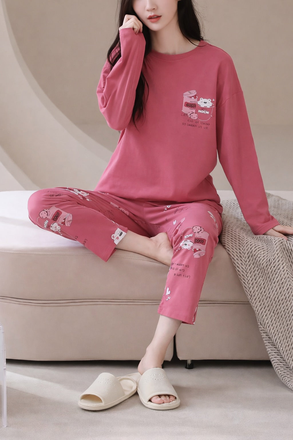 Shocking pink Sleepy bear with bear Printed Pajama Full Sleeves Night Suit view 3