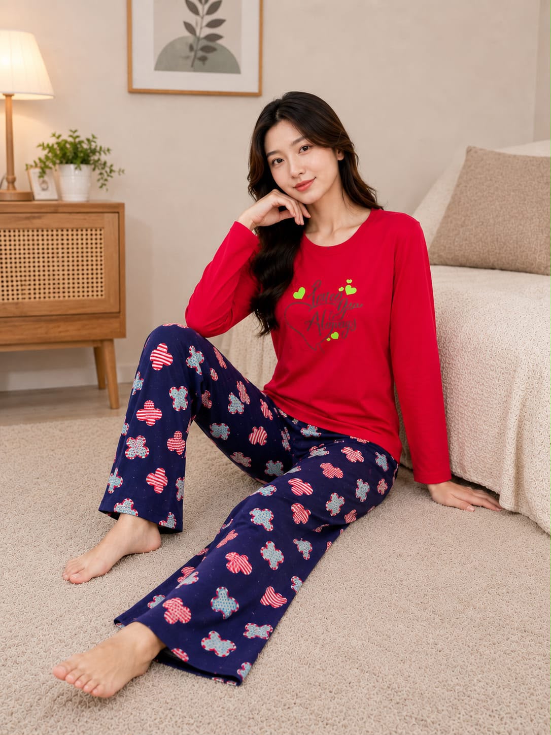 Women's Red Top With Navy Floral Trousers Night Suit