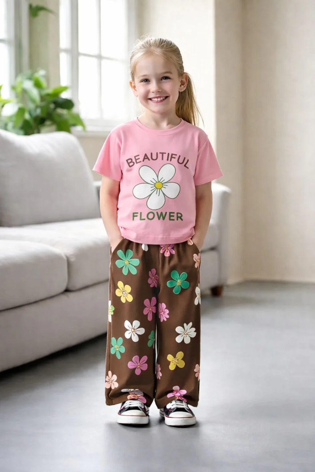 Pink Multicolour Big Flower T-Shirt With Brown Flowers Printed PJs