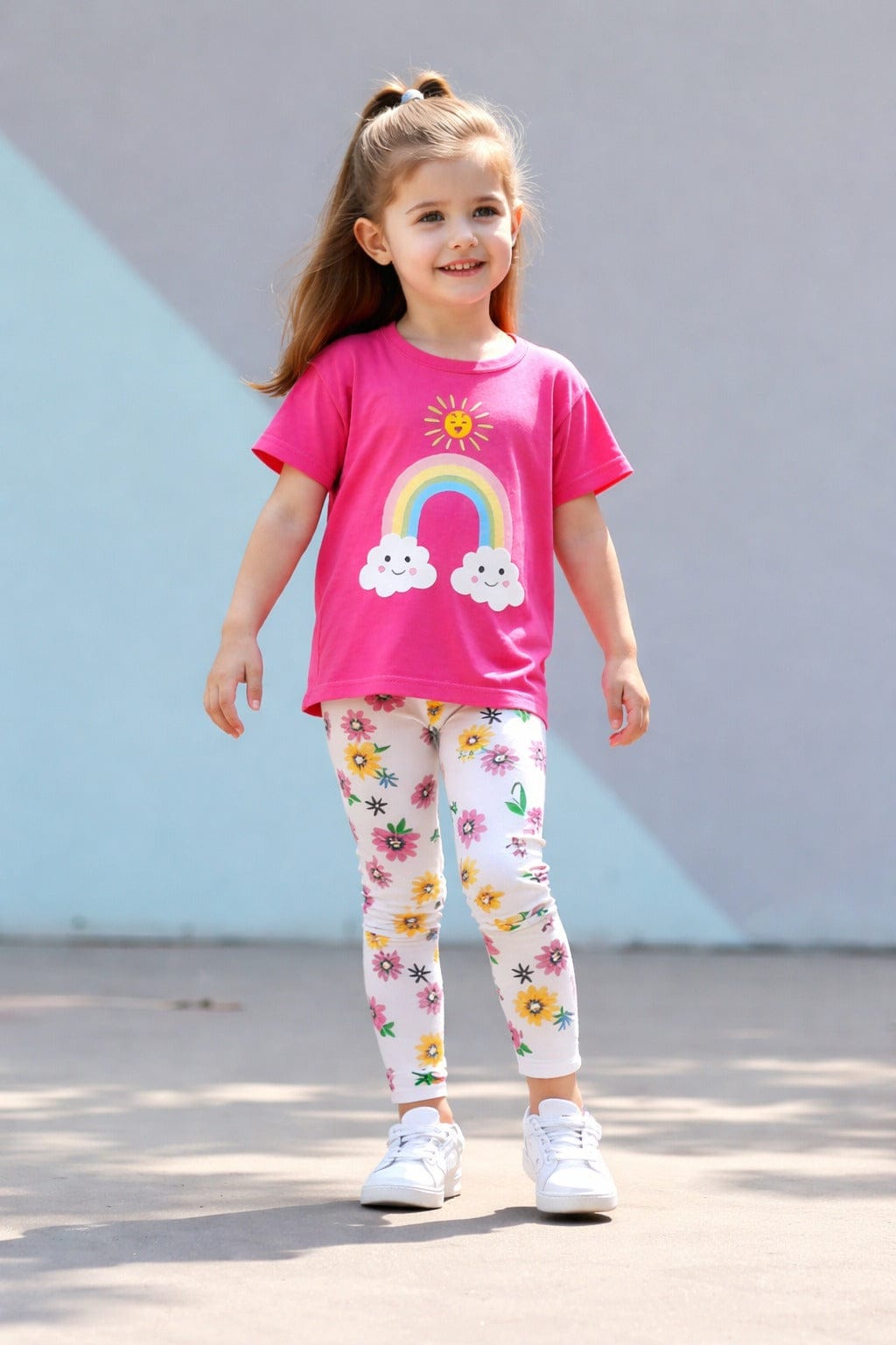 Shocking Pink Rainbow T-Shirt With Multi Flowers Printed Pajama Kids Night Suit