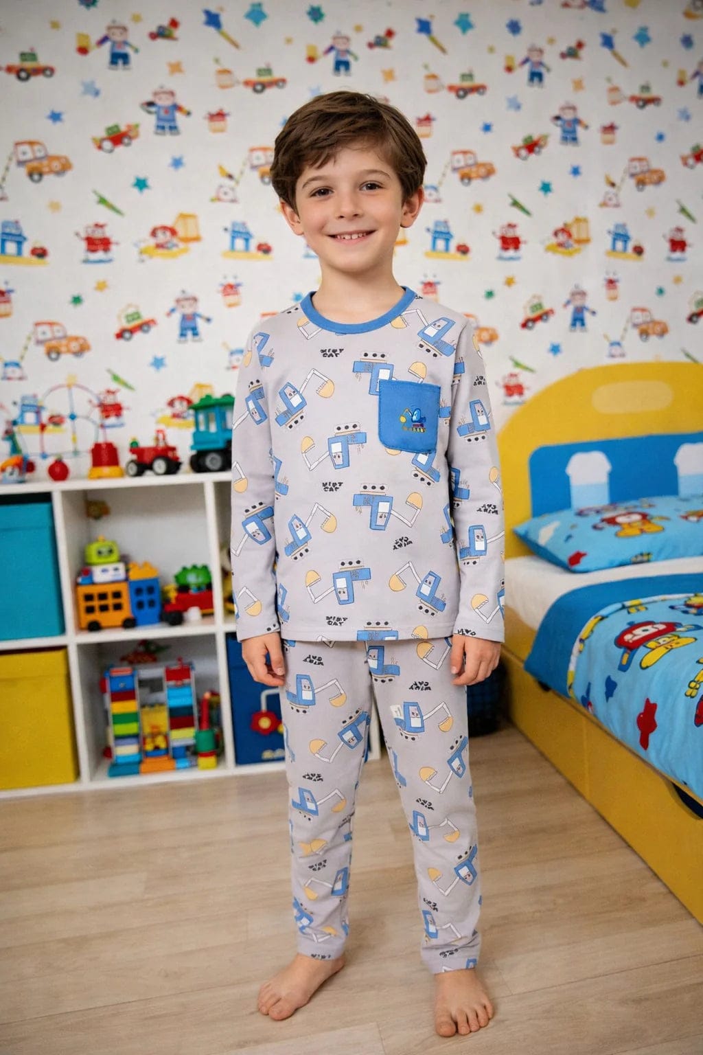 Grey All Over Trucks With Blue Pocket Kids Night Suit