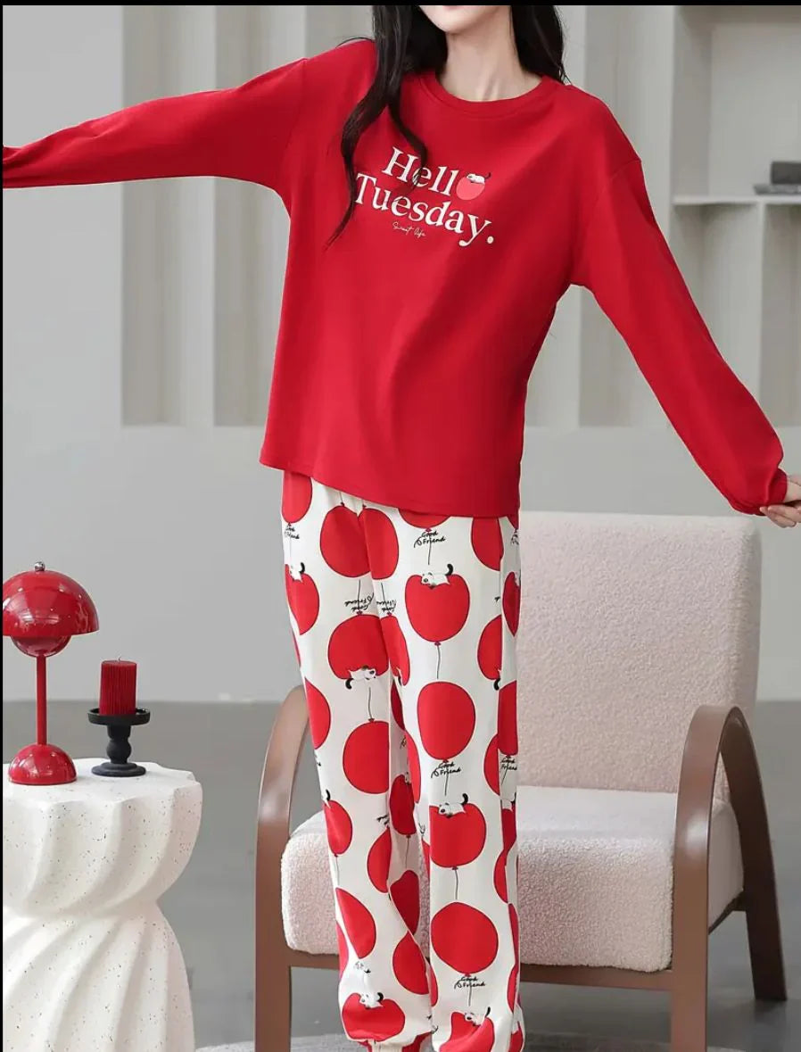 Red Hello Tuesday Printed Full Sleeves Pj The Ultimate Dream Wear Sleep Suit (RX-333) view 3