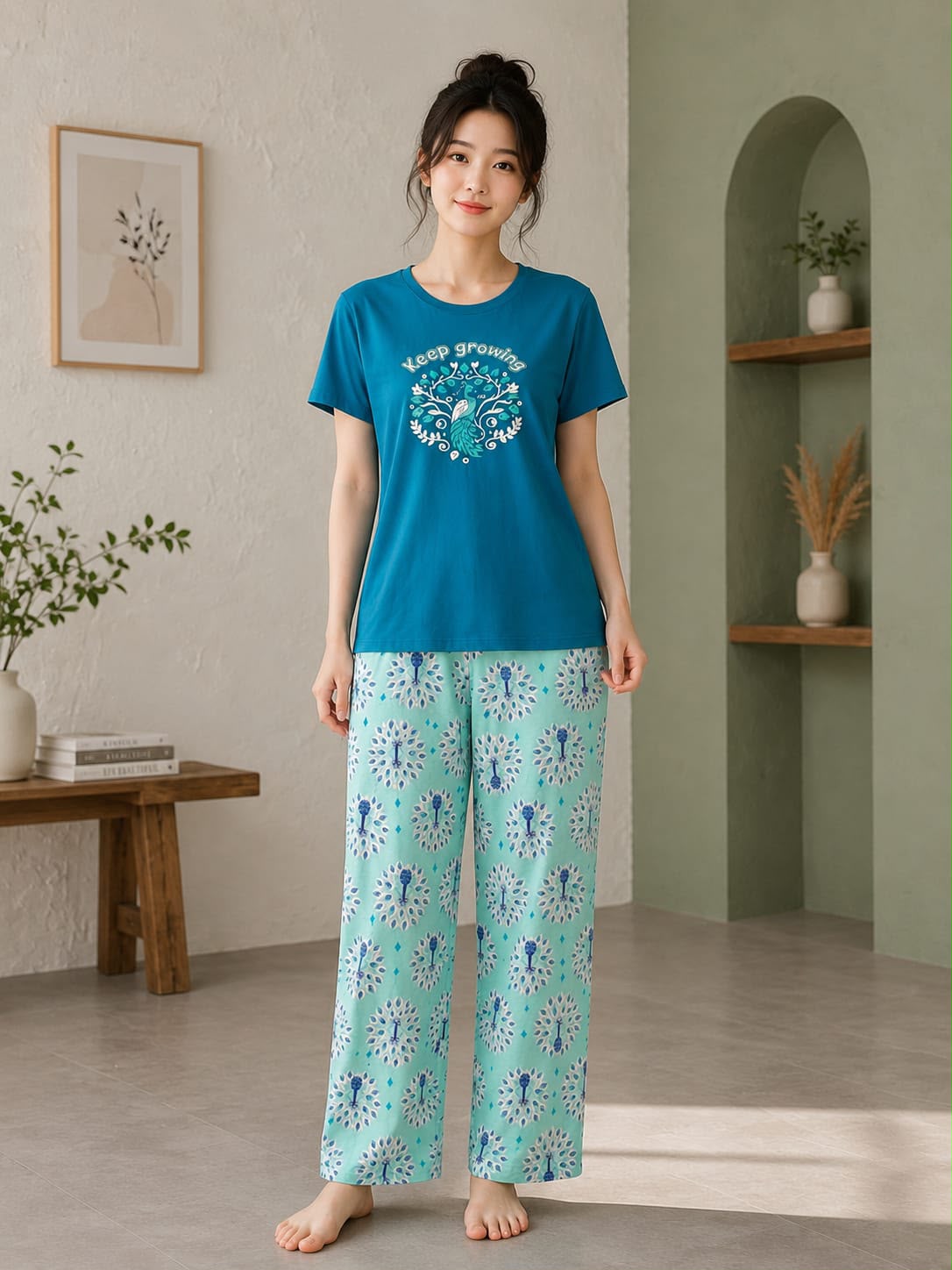 Women's Turquoise Top With Mint Floral Trousers Night Suit