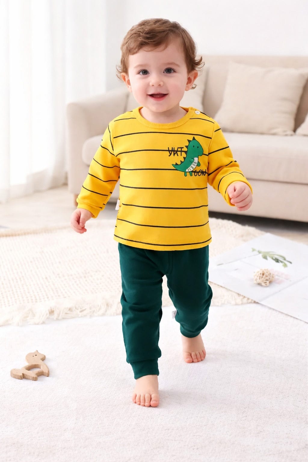 Yellow Lining Dinosaur Printed T-Shirt With Green Pajama Kids Night Suit