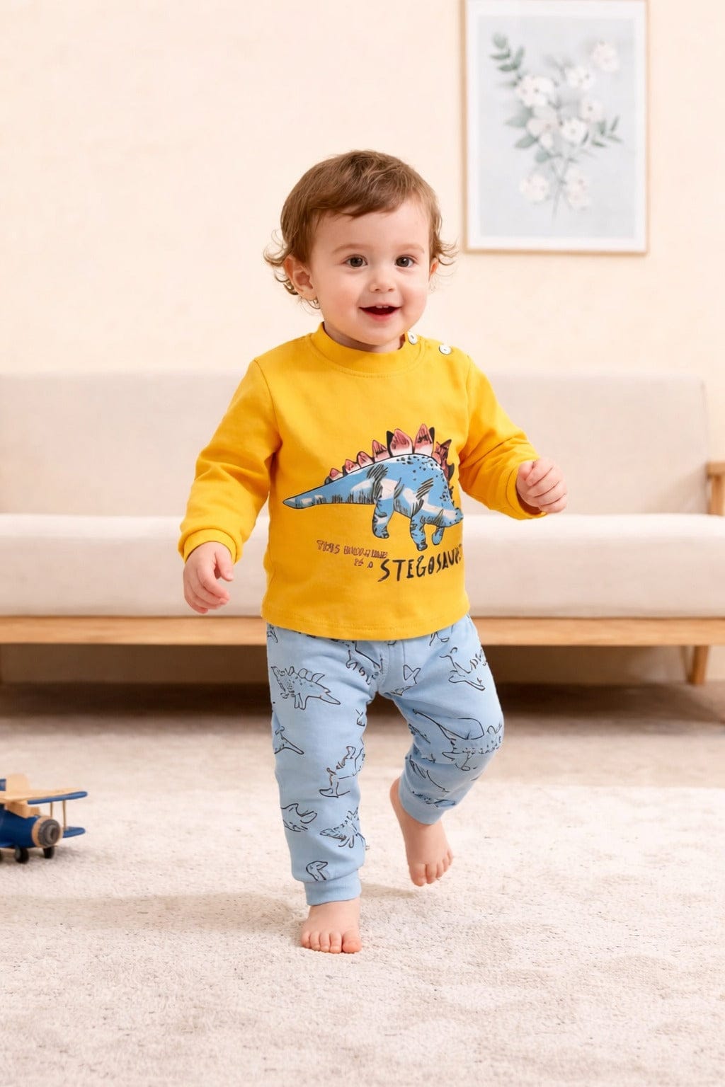 Yellow With Blue Dinosaur Printed T-Shirt With Multi Dino Trouser Kids Suit