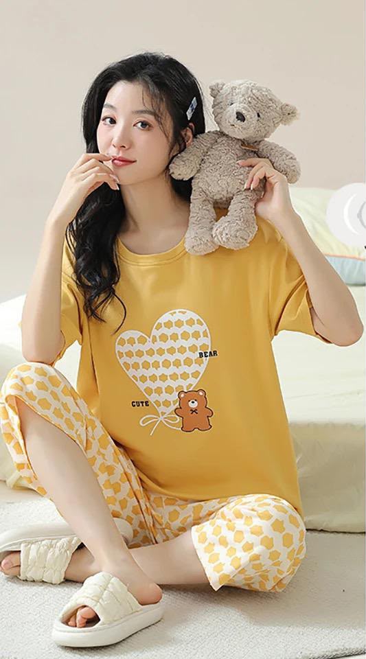 Women's Yellow Bear/Check Set Night Suit