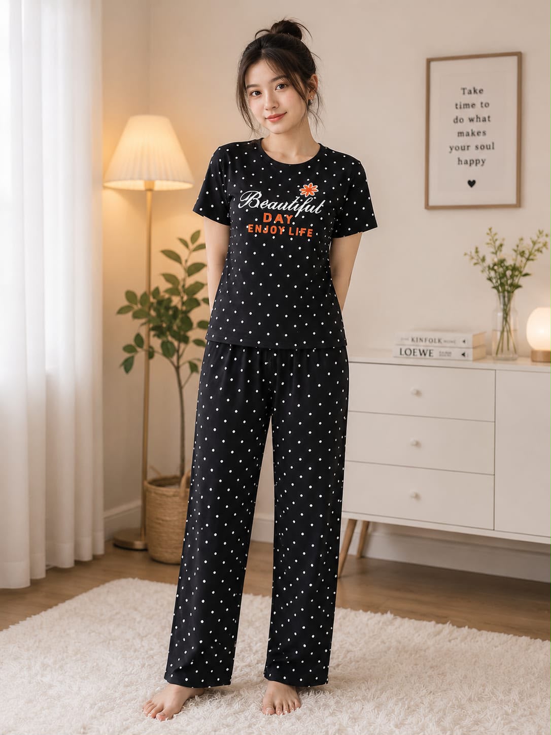 Women's Black Dotted Beautiful Day Set Night Suit