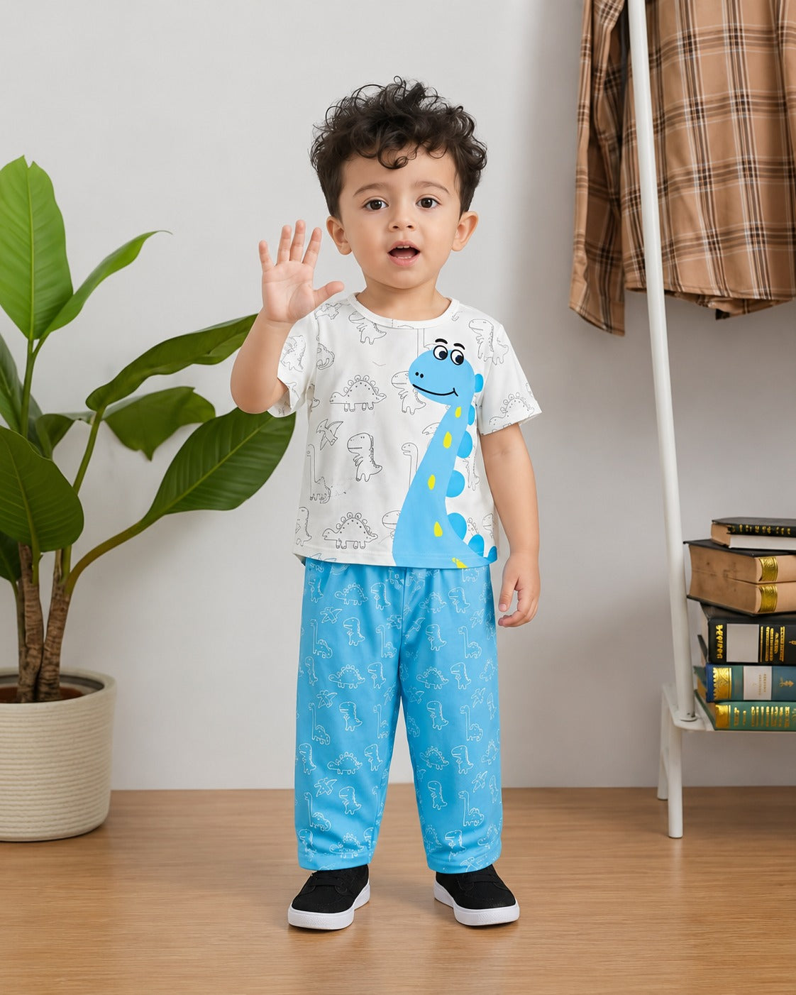 White With Blue Dino Printed Kid Suit view 2
