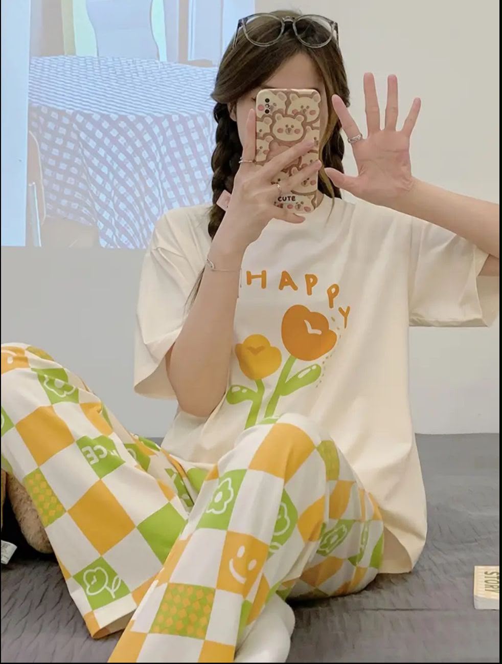 Women's White/Yellow Happy/Check Set Night Suit