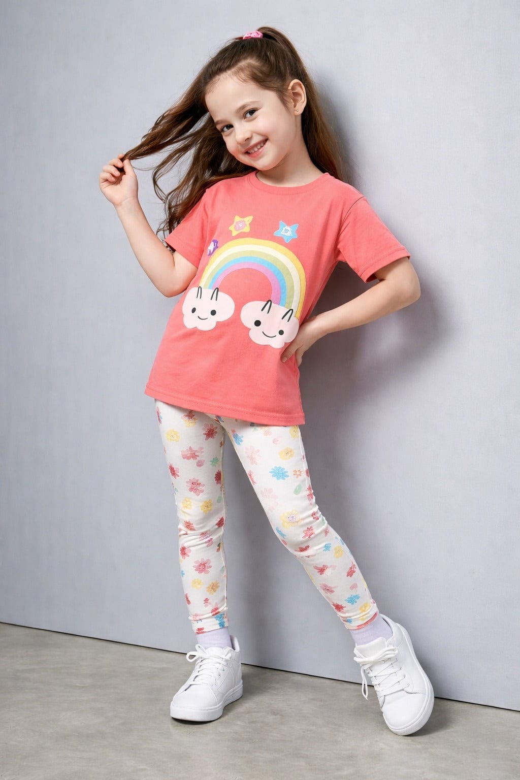 New Pink Rainbow T-Shirt With Multi Stars Printed Pajama Kids Night Suit