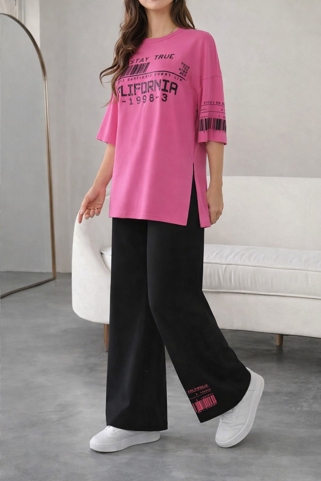 Shocking pink California Printed long Shirt with Pajama Half Sleeves Night Suit view 4