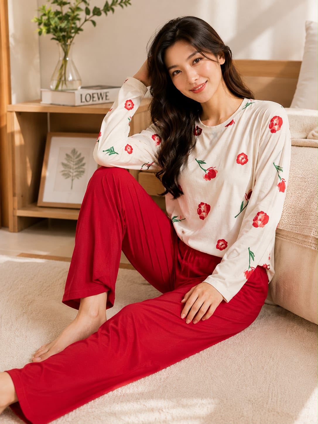 Women's White/Red Floral Top With Red Trousers Night Suit view 2