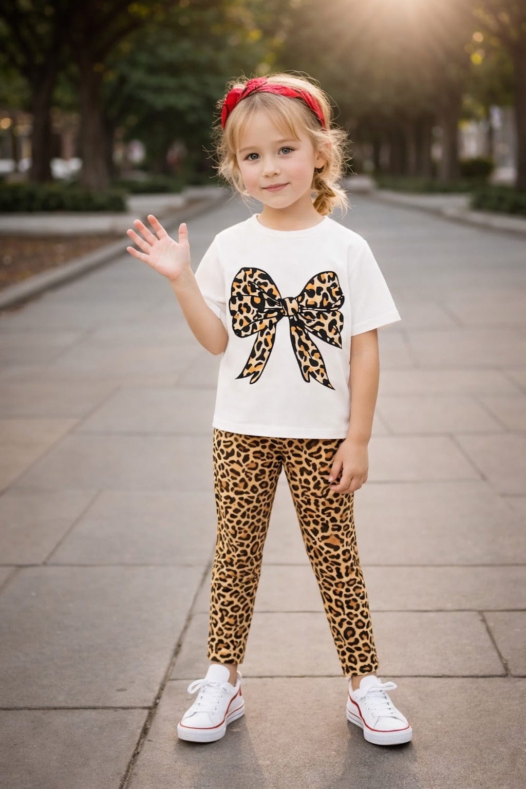 Off White Half Sleeves Cheetah Bow Printed T-Shirt With Cheetah Pajama Kids Suit