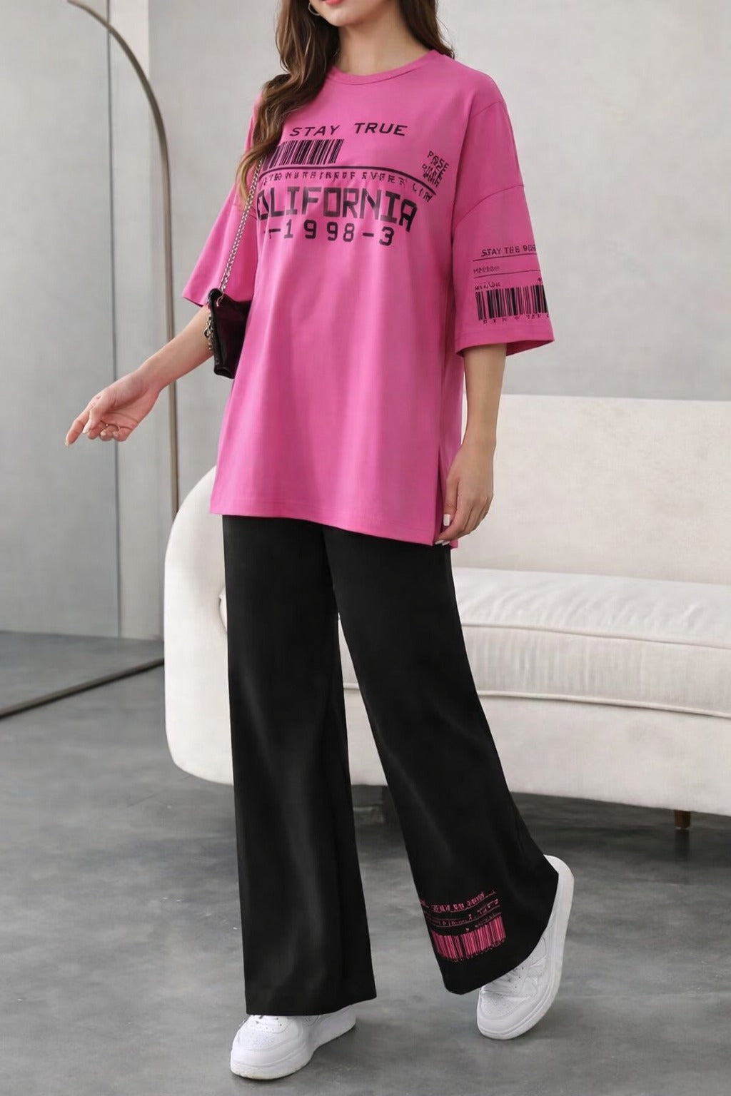 Shocking pink California Printed long Shirt with Pajama Half Sleeves Night Suit
