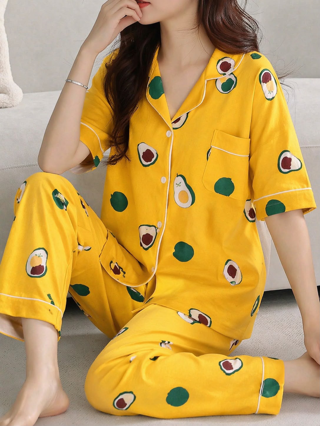 Women's Mustard Yellow Abstract-Dot Set Night Suit