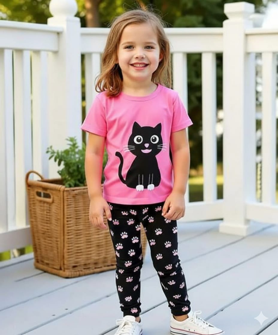 Pink With Black Cat Printed Half Sleeves T-Shirt With Black And White Dotted Pajama Kids Night Suit