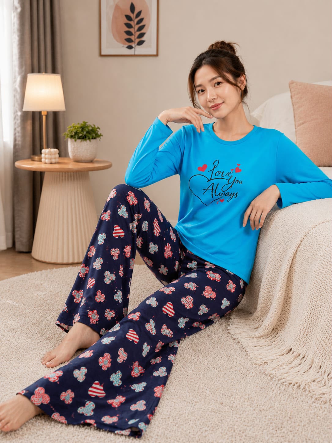 Women's Blue Graphic Top With Navy Floral Trousers Night Suit