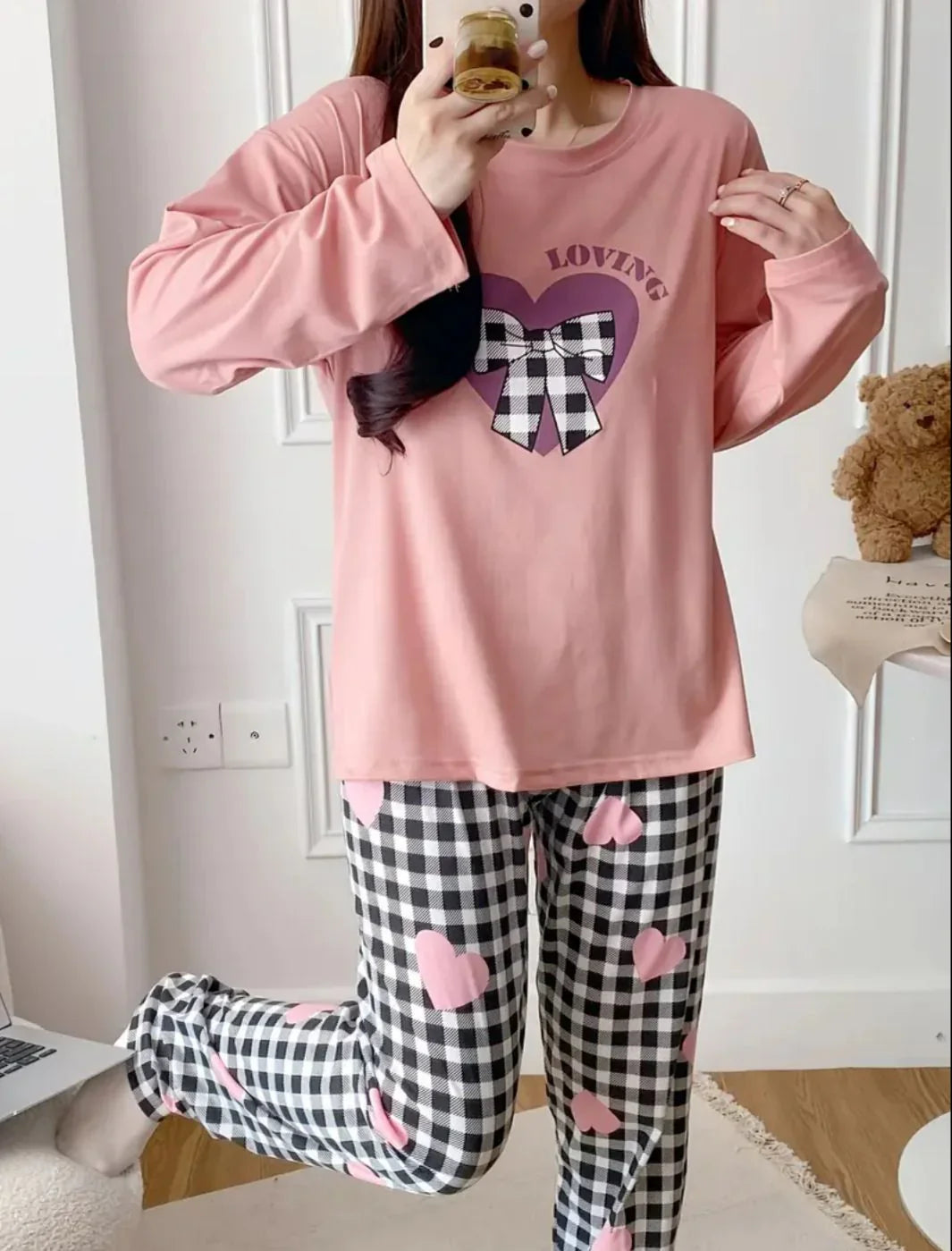 Loving with Check Ribbon Printed Full Sleeves PJ The Ultimate Dream Wear Sleep Suit view 6