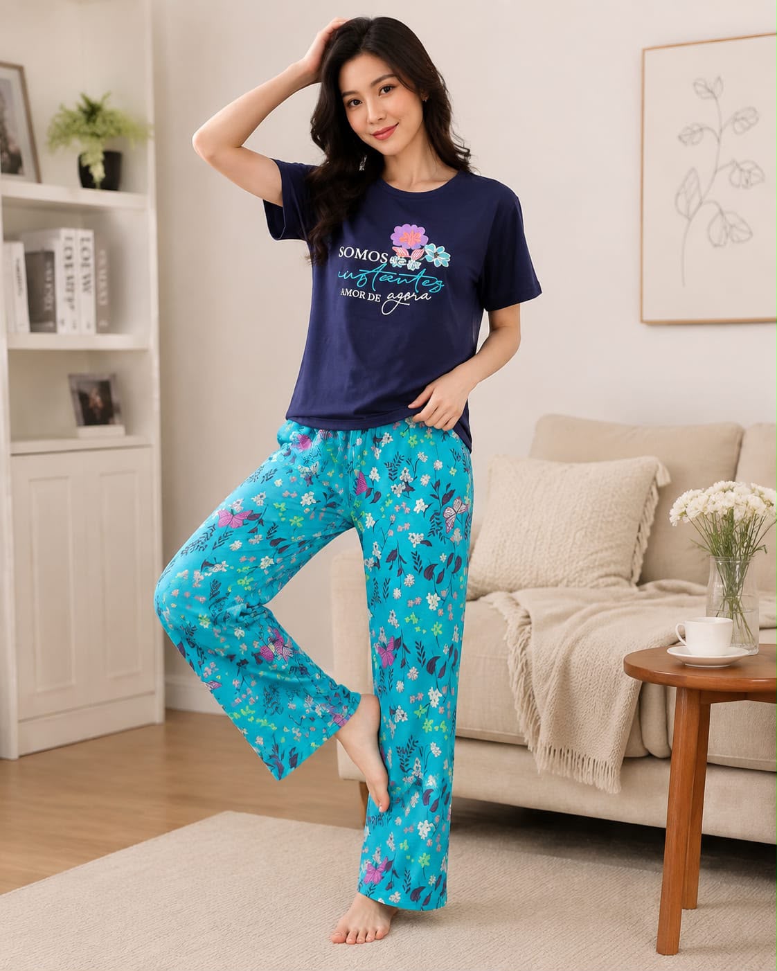 Women's Navy Top With Turquoise Floral Trousers Night Suit view 2