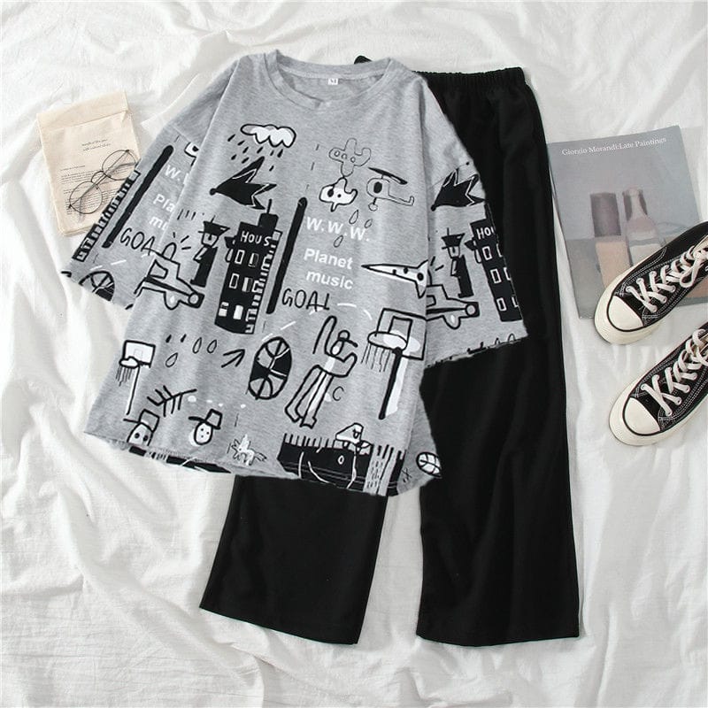Multi Printed Half Sleeves T-shirt With Plain Black Trouser Suit