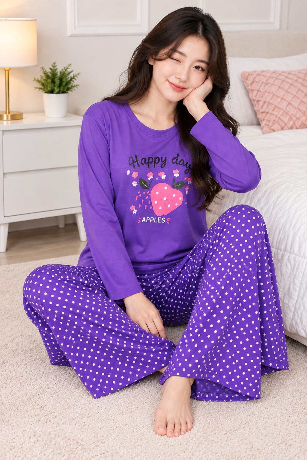 Women's Purple Dotted Trouser Set Night Suit