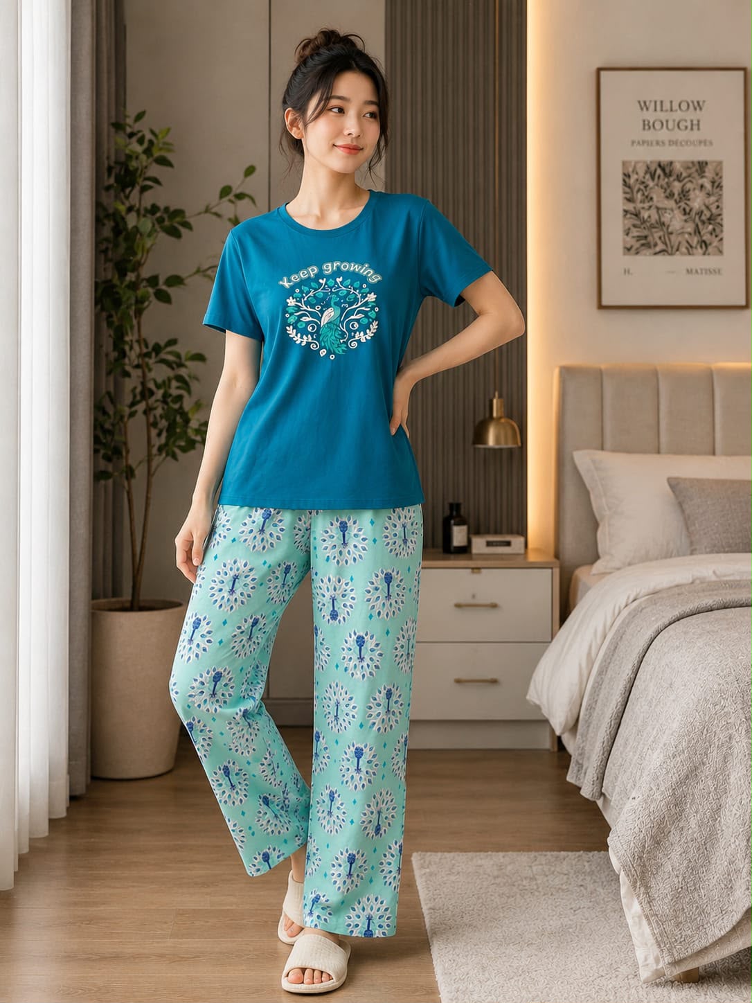 Women's Turquoise Top With Mint Floral Trousers Night Suit view 2