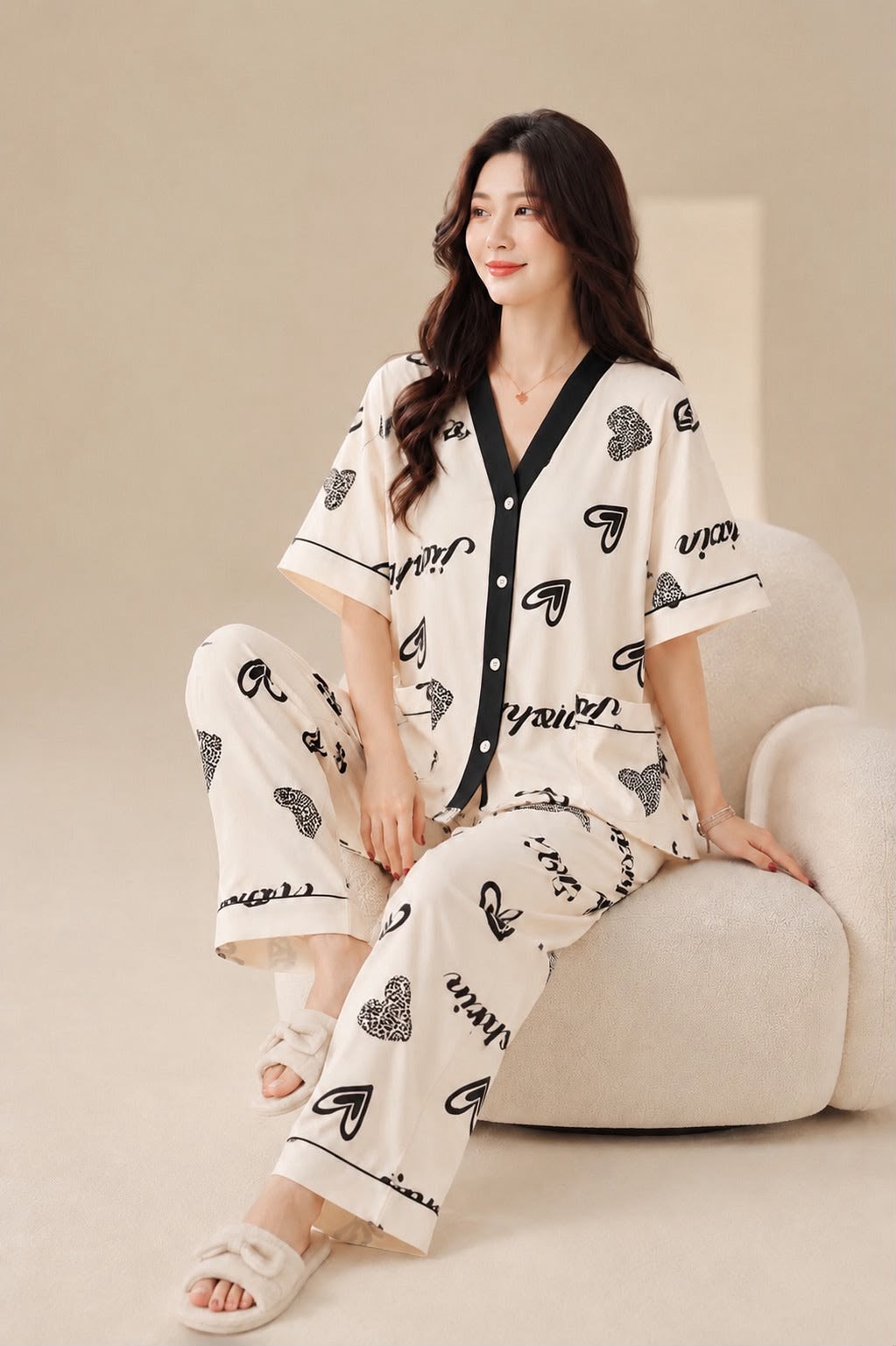 White & Black Doodle-Text Piped Button-Front Short-Sleeve Night Suit