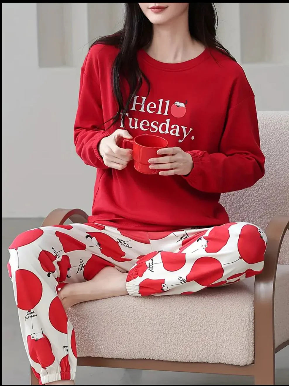Red Hello Tuesday Printed Full Sleeves Pj The Ultimate Dream Wear Sleep Suit (RX-333) view 6