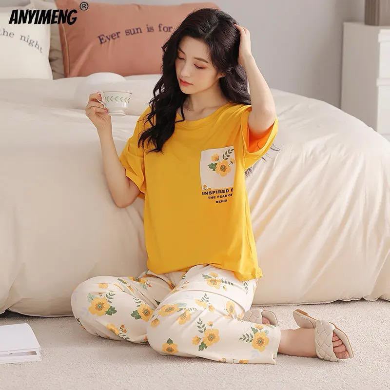 Women's Yellow Cartoon/White Printed Trousers Set Night Suit