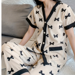 White With Black Bow Printed Button Style Night Suit For Her