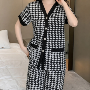 Black And White Small Check Printed Half Sleeves Button Style Night Suit For Her