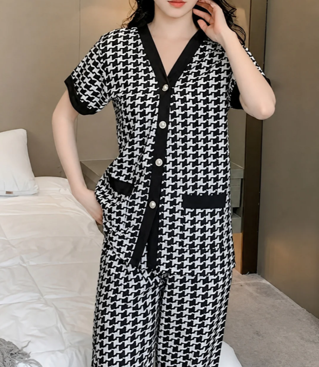 Black And White Small Check Printed Half Sleeves Button Style Night Suit For Her