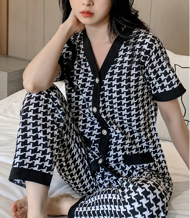 Black And White Small Check Printed Half Sleeves Button Style Night Suit For Her - Image 2