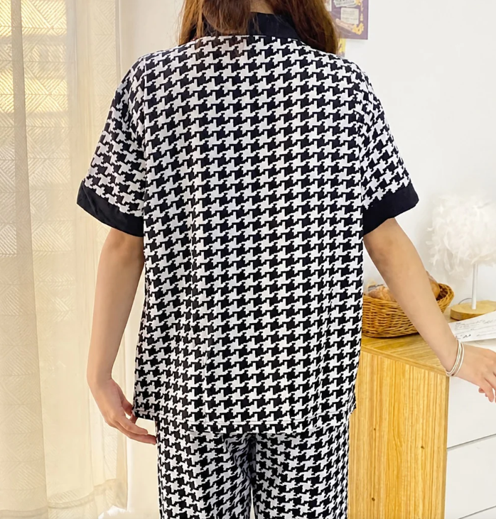 Black And White Small Check Printed Half Sleeves Button Style Night Suit For Her - Image 3