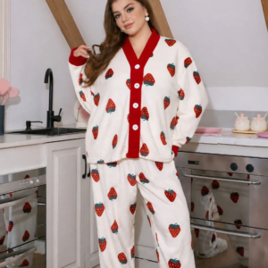White With Red Strawberries Printed Button Style Night Suit For Her
