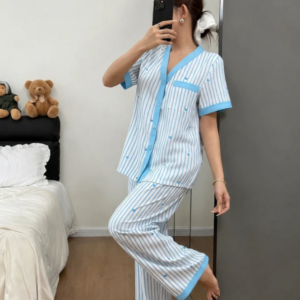 Sky blue All over hearts with Sky blue lining style button Night suit For her