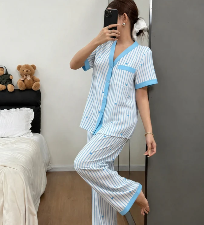 Sky blue All over hearts with Sky blue lining style button Night suit For her