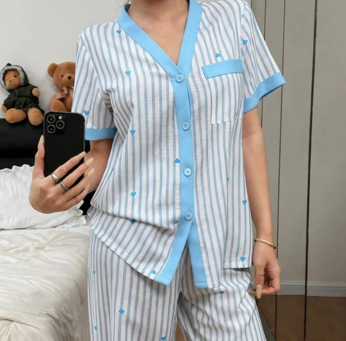 Sky blue All over hearts with Sky blue lining style button Night suit For her - Image 2
