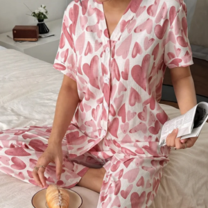 Rose Pink All over Big Hearts Button style night suit For her