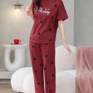 Red Welcome Print Black dotted printed night suit For her