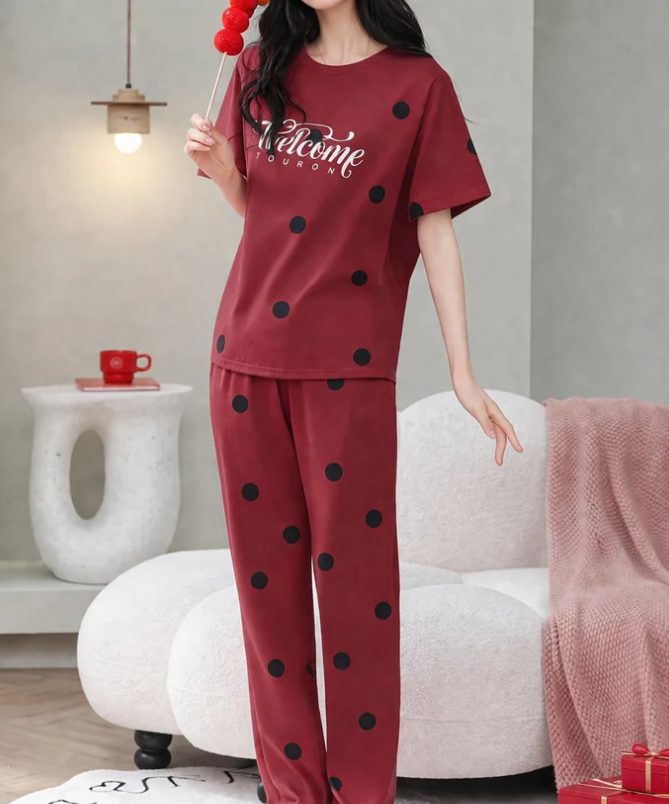 Red Welcome Print Black dotted printed night suit For her