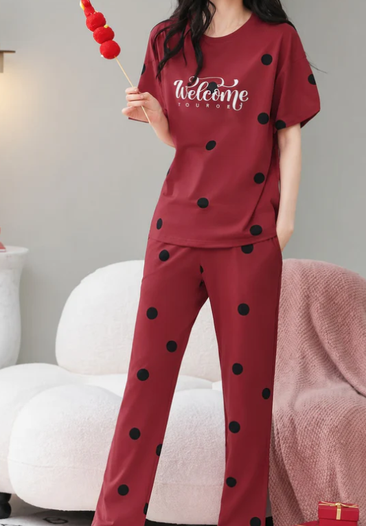 Red Welcome Print Black dotted printed night suit For her - Image 2
