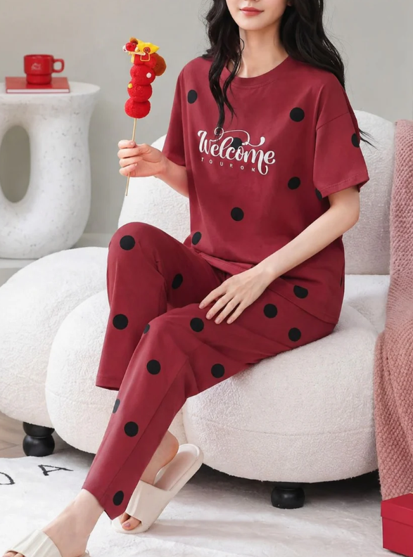 Red Welcome Print Black dotted printed night suit For her - Image 3
