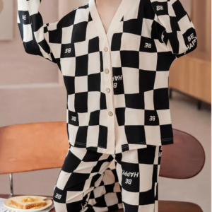 Off White with Black Check V-Neck Button Printed Pj Set For Her