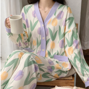 White with Flowers printed Front button Style night suit For her