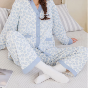 White with cheetah printed Front button Style night suit For her