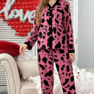 Shocking pink with cheetah printed Front button Style night suit For her