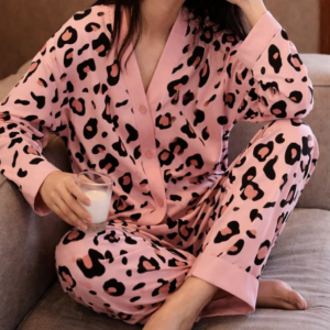 Baby Pink with cheetah printed Front button Style night suit For her