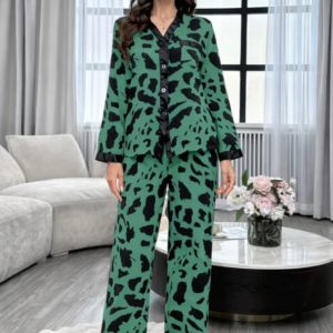Dark Green with cheetah printed Front button Style night suit For her